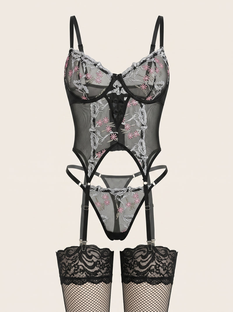 Floral Embroidery Mesh Bodysuit with Strappy Details