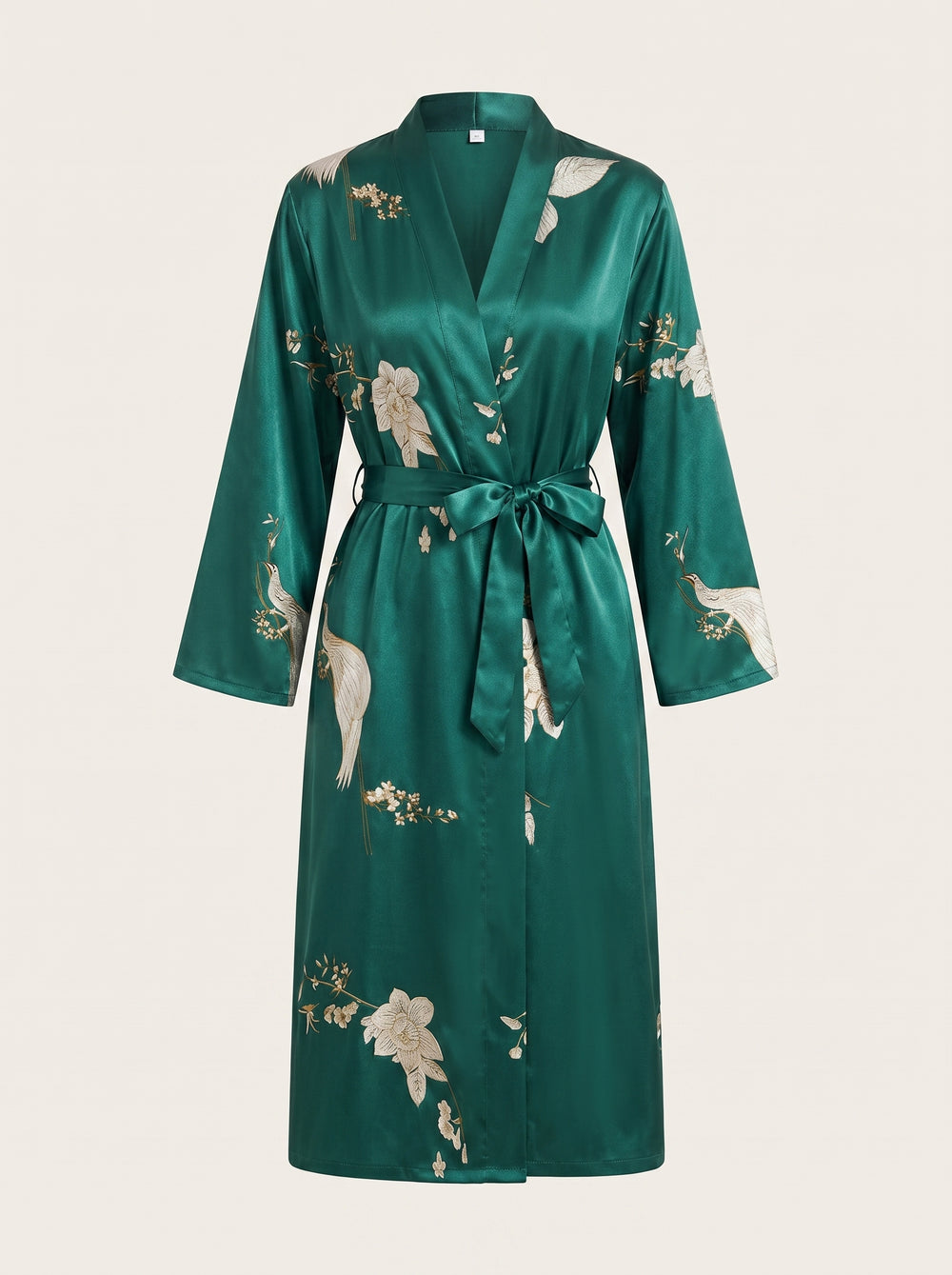 Robe kimono verte en satin à imprimé floral avec ceinture à nouer