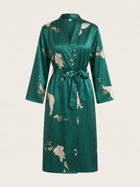 Floral Green Satin Kimono Robe with Tie Belt-Kimono Robe-Bellascena-Dark Green-S-bellascena