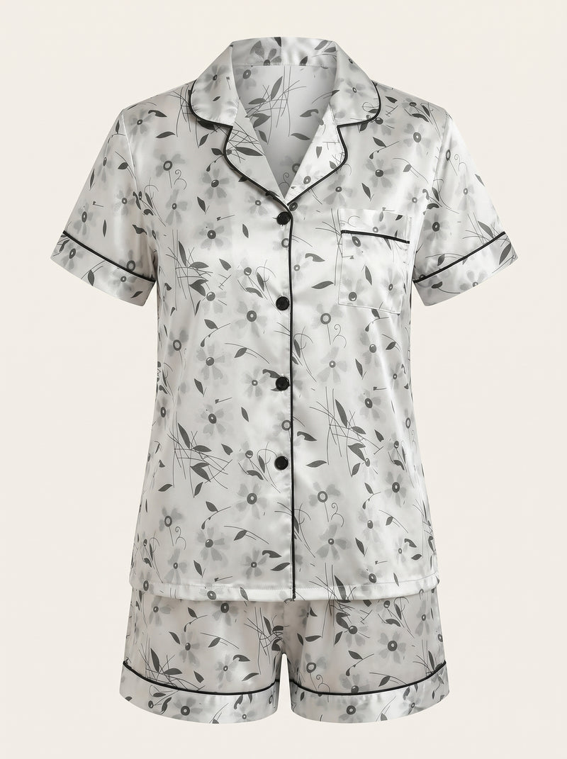 Ensemble de pyjama en satin gris à motif floral avec détails passepoilés
