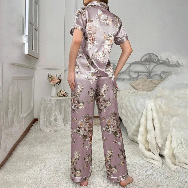 Floral Lavender Satin Pajama Set with Button-Front Detail-Pajama Set-Bellascena-bellascena