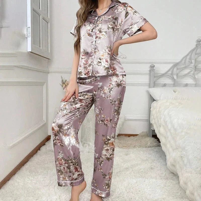Floral Lavender Satin Pajama Set with Button-Front Detail-Pajama Set-Bellascena-bellascena