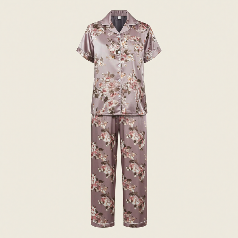 Floral Lavender Satin Pajama Set with Button-Front Detail