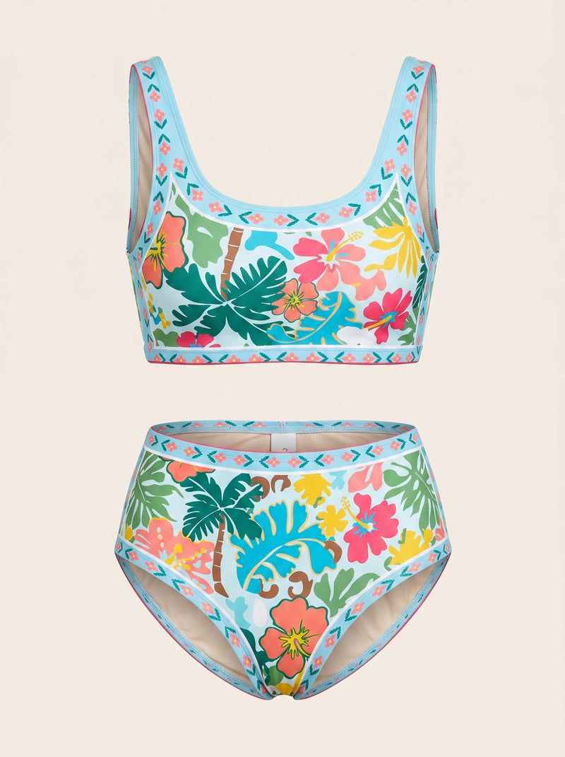 Ensemble bikini en polyester multicolore à imprimé fleuri avec encolure arrondie