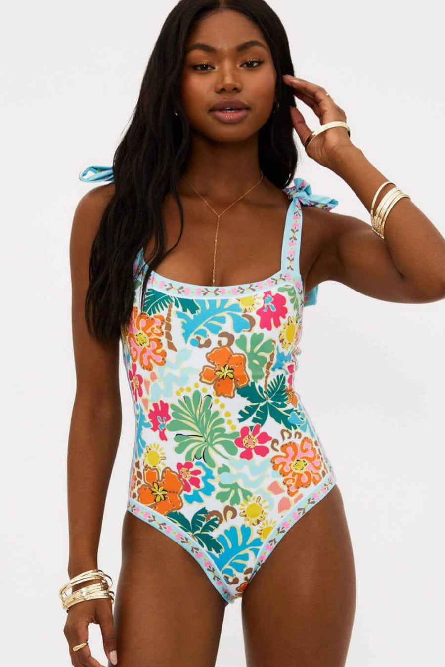Floral Multicolor Synthetic One-Piece Swimsuit with Tie Shoulder-One-Piece Swimsuit-Bellascena-bellascena