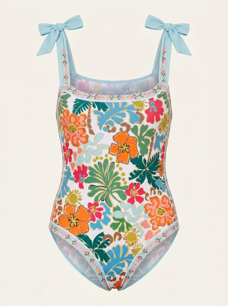 Maillot de bain une pièce synthétique multicolore à imprimé fleuri avec épaules à nouer