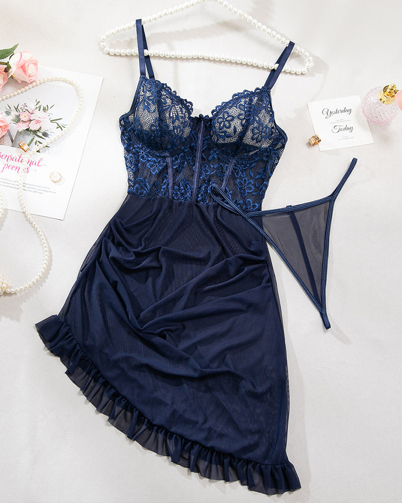 Floral Navy Blue Embroidered Lace Lingerie Set with Ruffle-Nightgown-Bellascena-bellascena