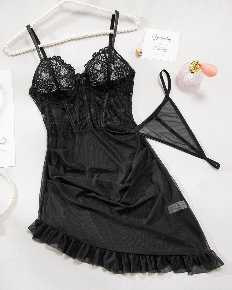 Floral Navy Blue Embroidered Lace Lingerie Set with Ruffle-Nightgown-Bellascena-Black-S-bellascena