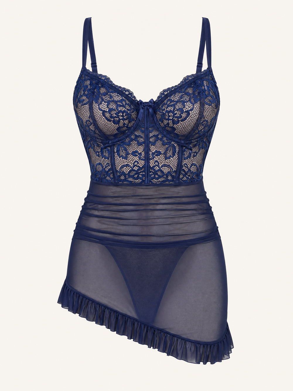 Completo di lingerie in pizzo blu navy ricamato floreale con volant
