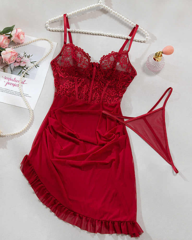 Floral Navy Blue Embroidered Lace Lingerie Set with Ruffle-Nightgown-Bellascena-Wine Red-S-bellascena
