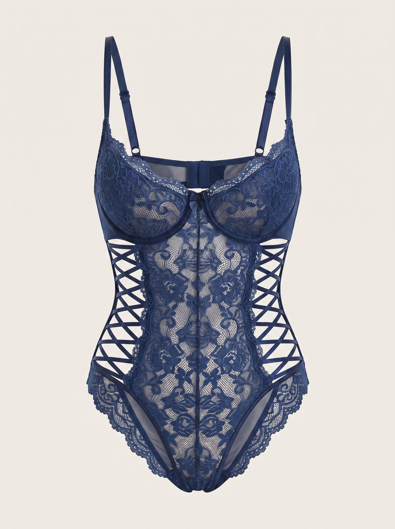 Floral Navy Blue Lace Bodysuit with Strappy Criss-Cross
