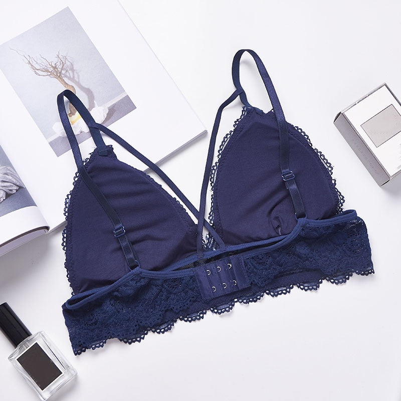 Floral Navy Blue Lace Bra with Sheer Strappy Design-Bra-Bellascena-bellascena