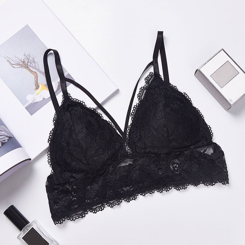 Floral Navy Blue Lace Bra with Sheer Strappy Design-Bra-Bellascena-Black-Universal-bellascena