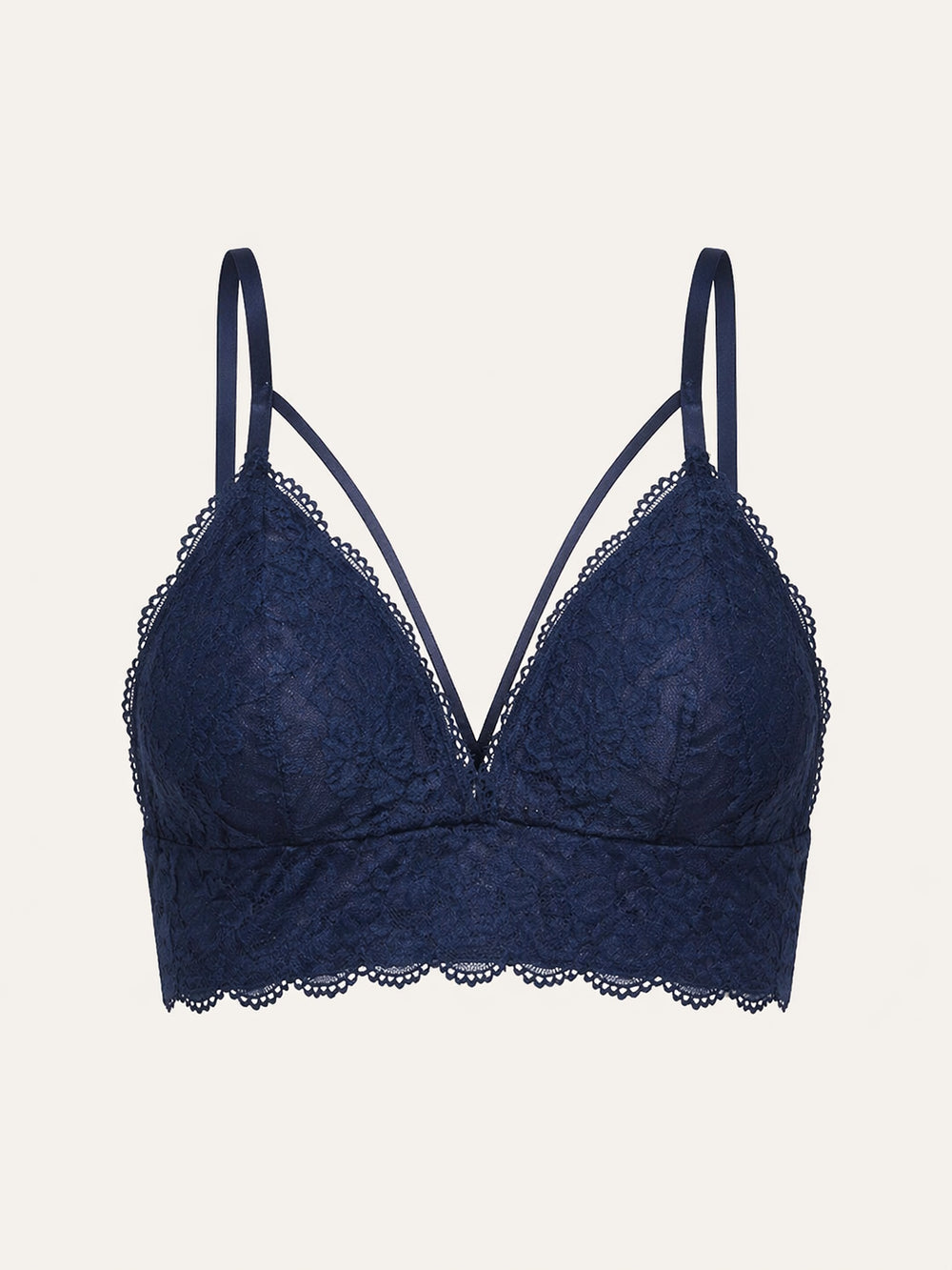 Reggiseno in pizzo blu navy floreale con design trasparente e spalline
