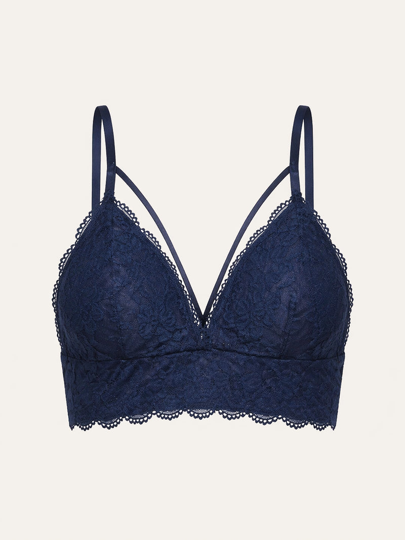 Floral Navy Blue Lace Bra with Sheer Strappy Design