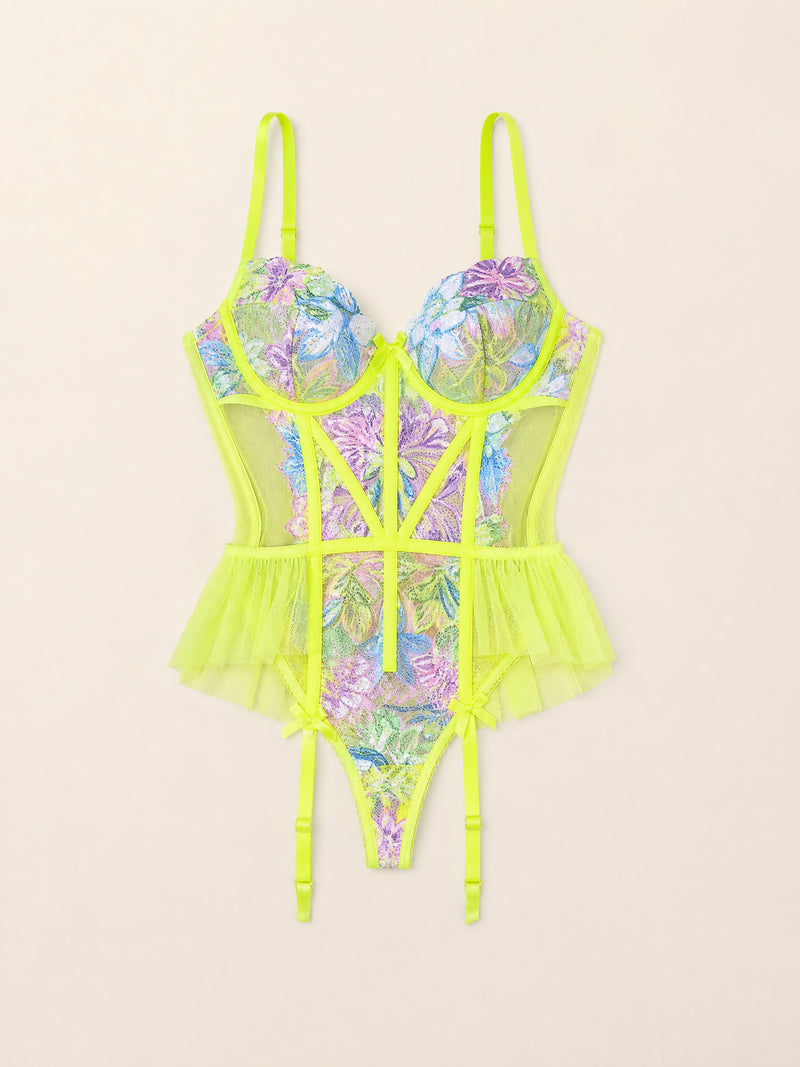 Floral Neon Embroidered Mesh Lingerie Set with Bow Detail