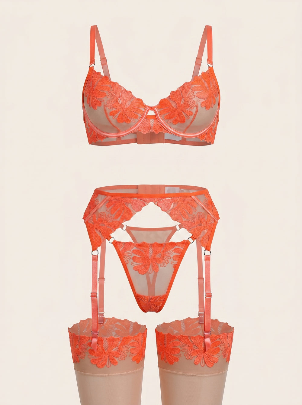 Floral Orange Embroidered Mesh Garter Set with Sheer Finish