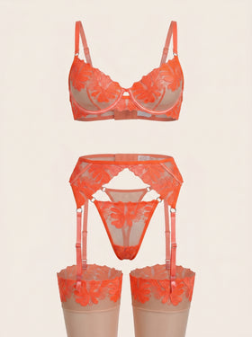 Floral Orange Embroidered Mesh Garter Set with Sheer Finish-Bra-Bellascena-Orange-S-bellascena