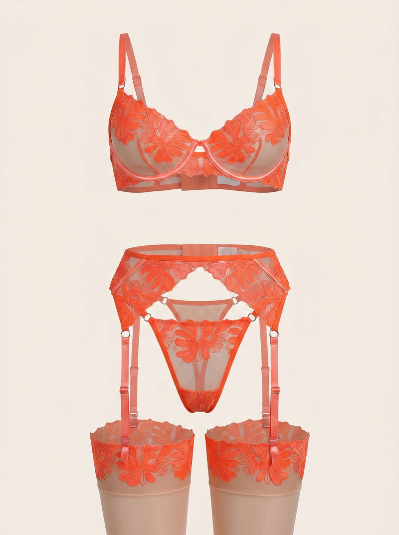 Floral Orange Embroidered Mesh Garter Set with Sheer Finish
