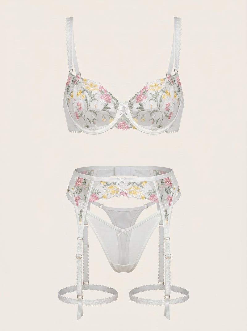 Floral Pastel Embroidered Mesh Lingerie Set with Strappy Elegance