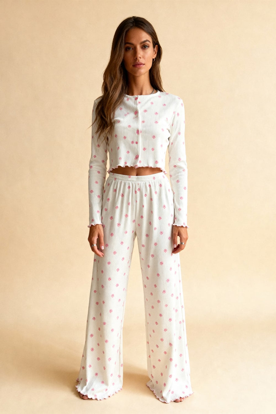 Floral Pink Cotton Pajama Set with Ruffles-Pajama Set-Bellascena-bellascena