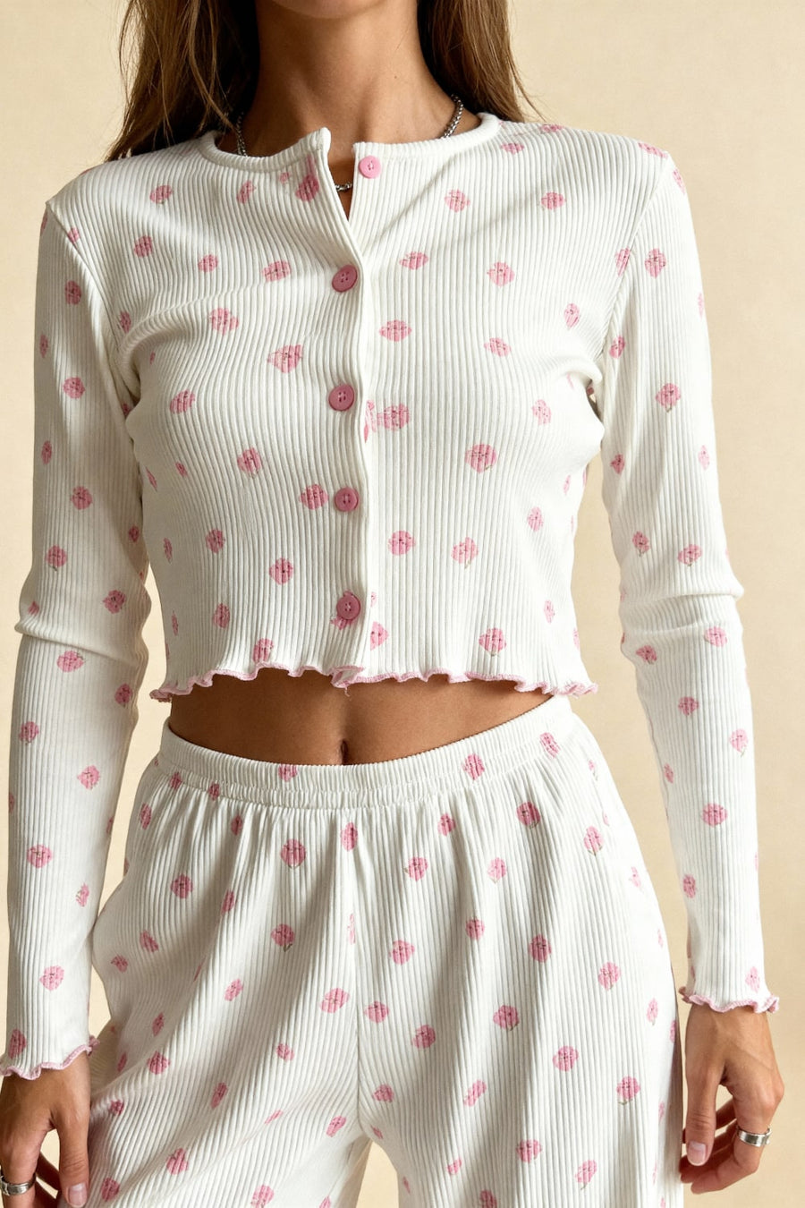 Floral Pink Cotton Pajama Set with Ruffles-Pajama Set-Bellascena-bellascena