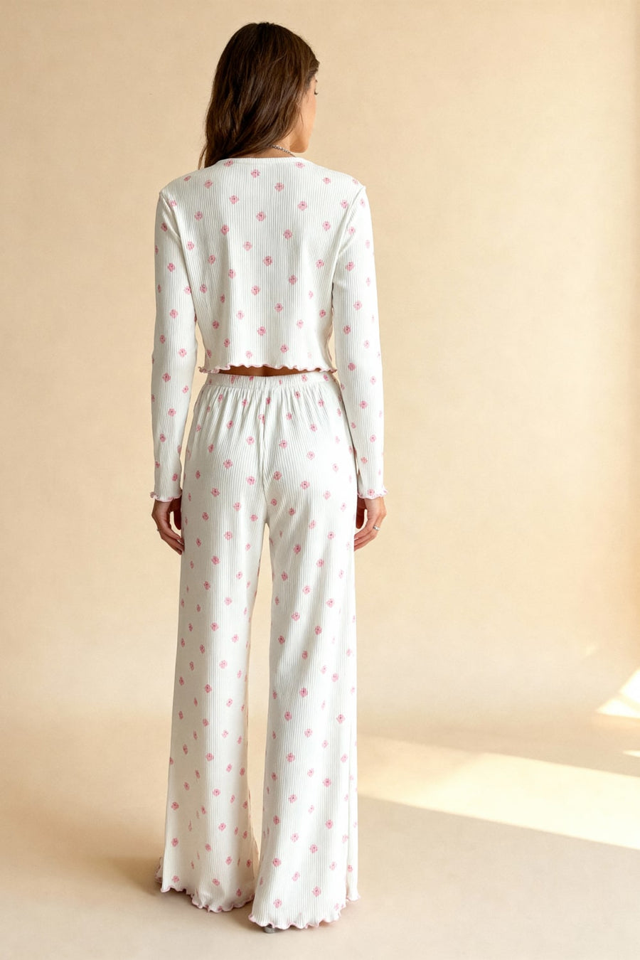 Floral Pink Cotton Pajama Set with Ruffles-Pajama Set-Bellascena-bellascena