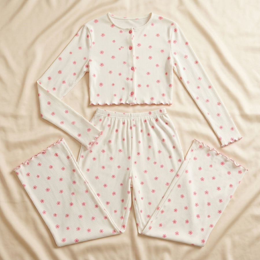 Floral Pink Cotton Pajama Set with Ruffles-Pajama Set-Bellascena-bellascena