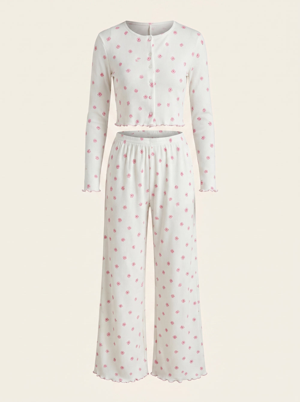 Floral Pink Cotton Pajama Set with Ruffles