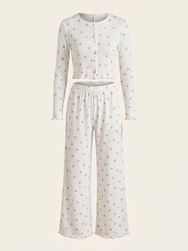 Ensemble de pyjama en coton rose à fleurs avec volants