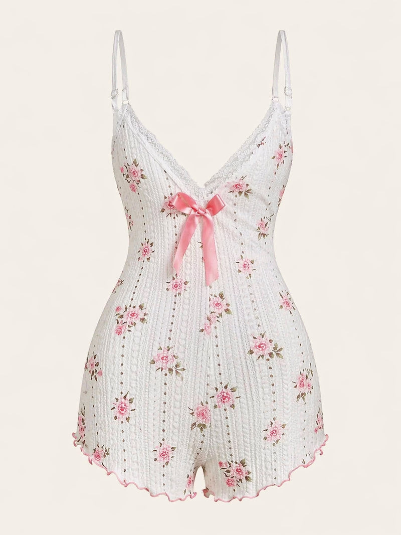 Floral Pink Cotton Romper with Lace Trim