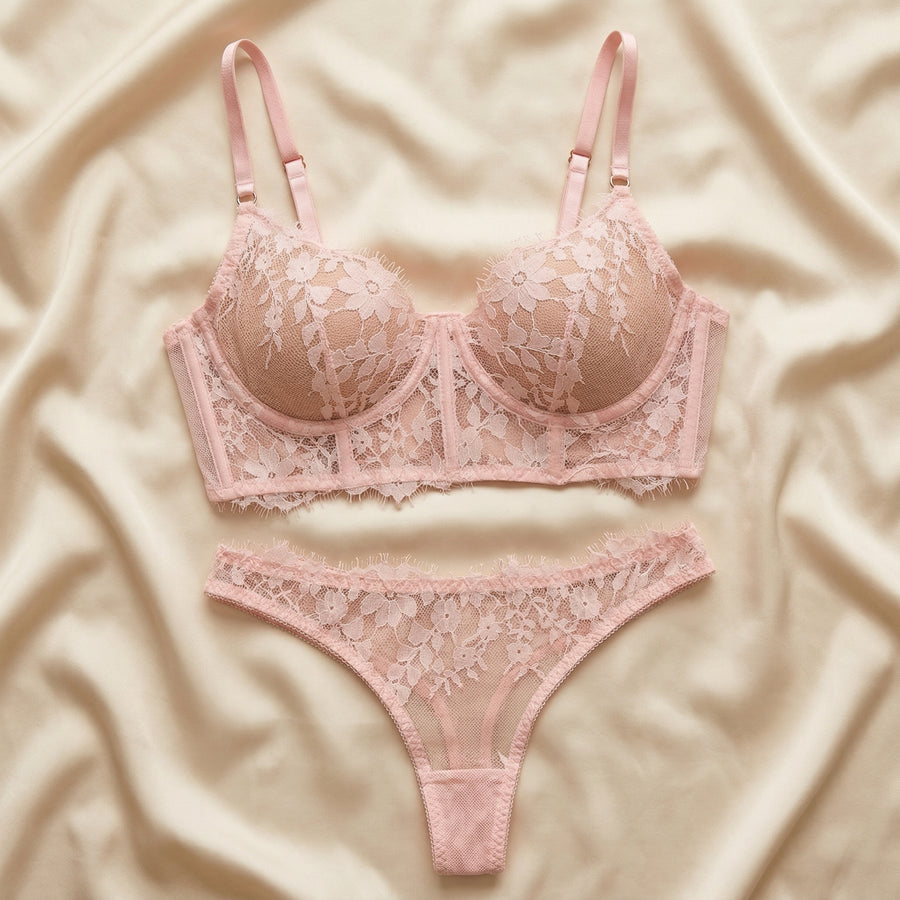 Floral Pink Embellished Lace Lingerie Set with Floral Embroidery-Lingerie Set-Bellascena-bellascena