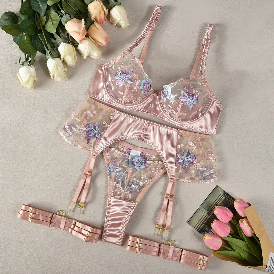 Floral Pink Embroidered Lace Lingerie Set with Garter Straps-Lingerie Set-Bellascena-bellascena