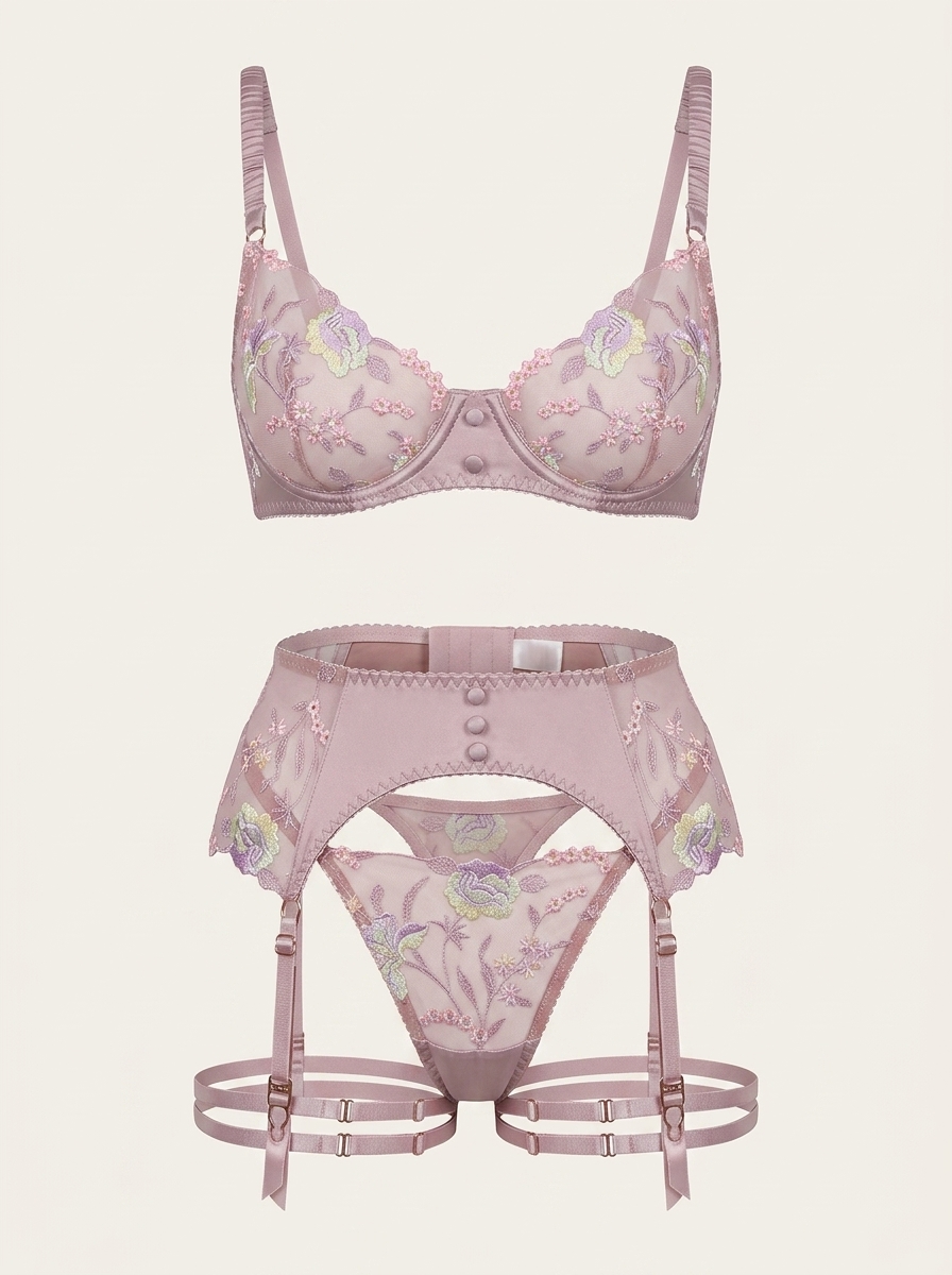 Floral Pink Embroidered Lace Lingerie Set with Garter Straps