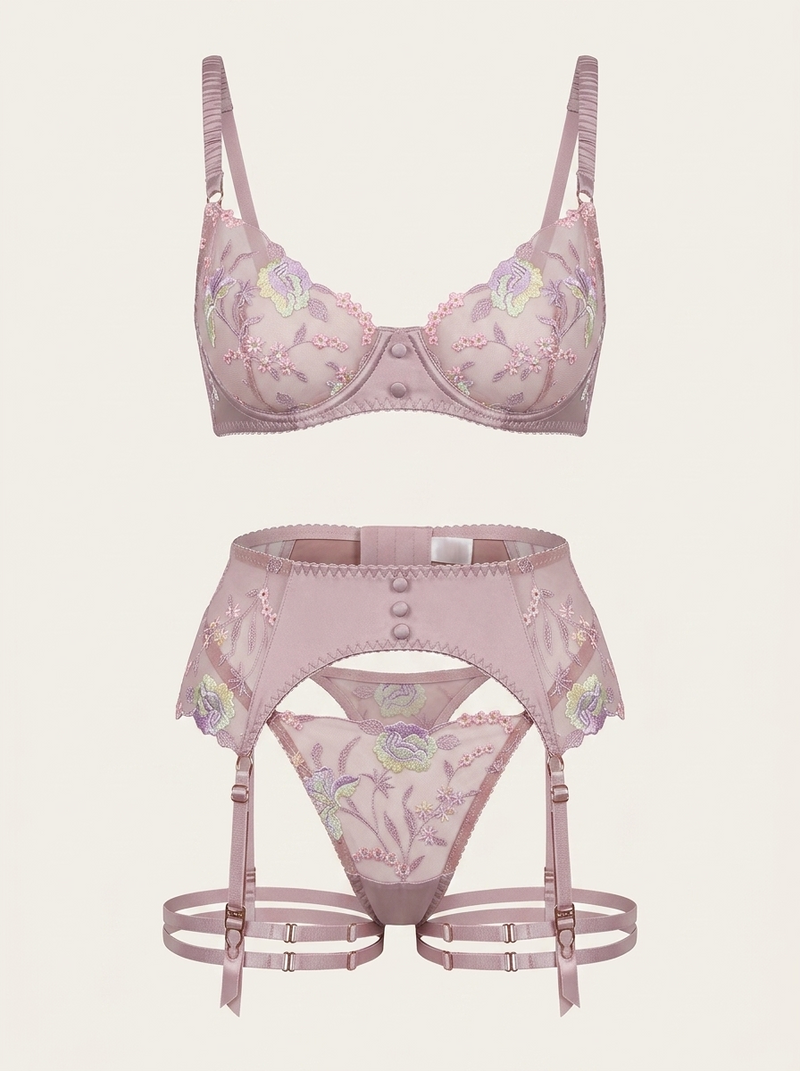Set di lingerie in pizzo ricamato rosa con stampa floreale e giarrettiere