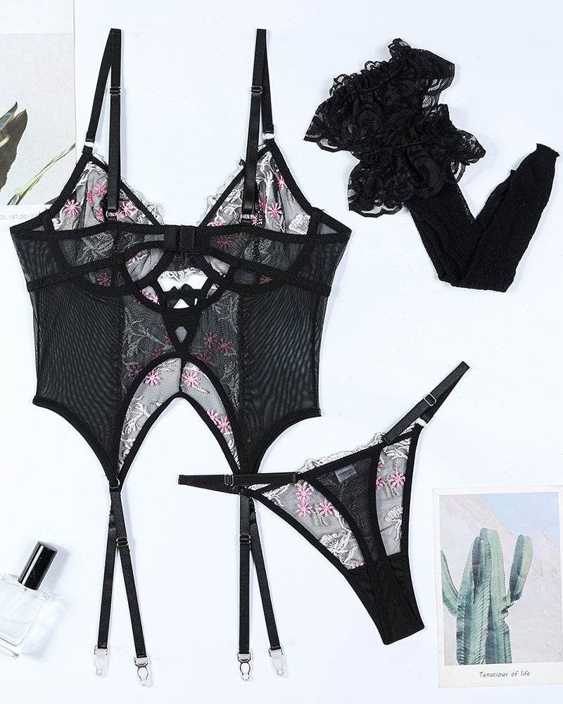 Floral Pink Embroidered Mesh Lingerie Set with Strappy Detail-Corset-Bellascena-bellascena
