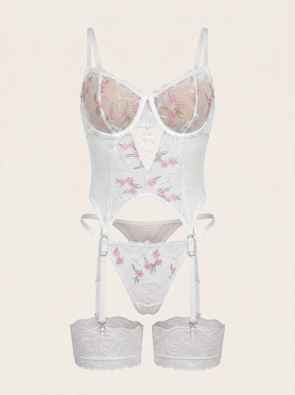 Floral Pink Embroidered Mesh Lingerie Set with Strappy Detail