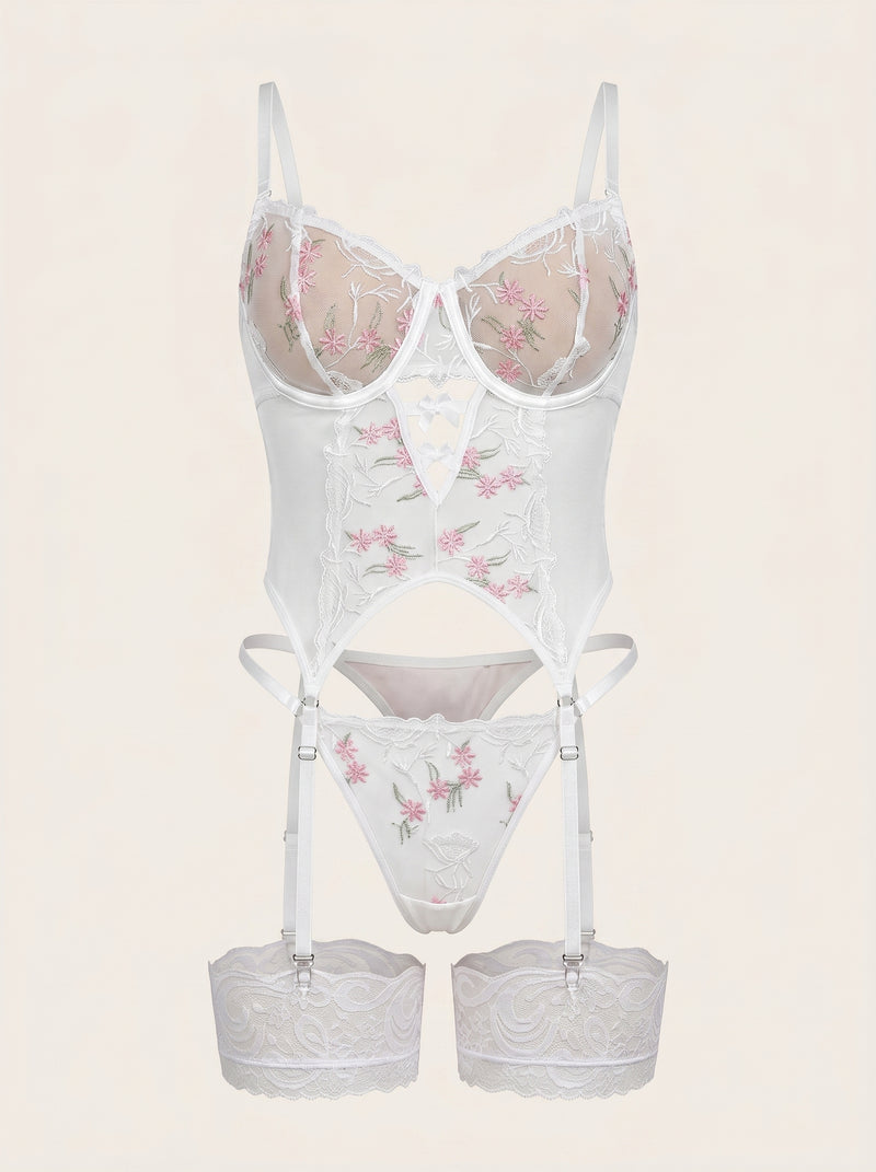 Floral Pink Embroidered Mesh Lingerie Set with Strappy Detail