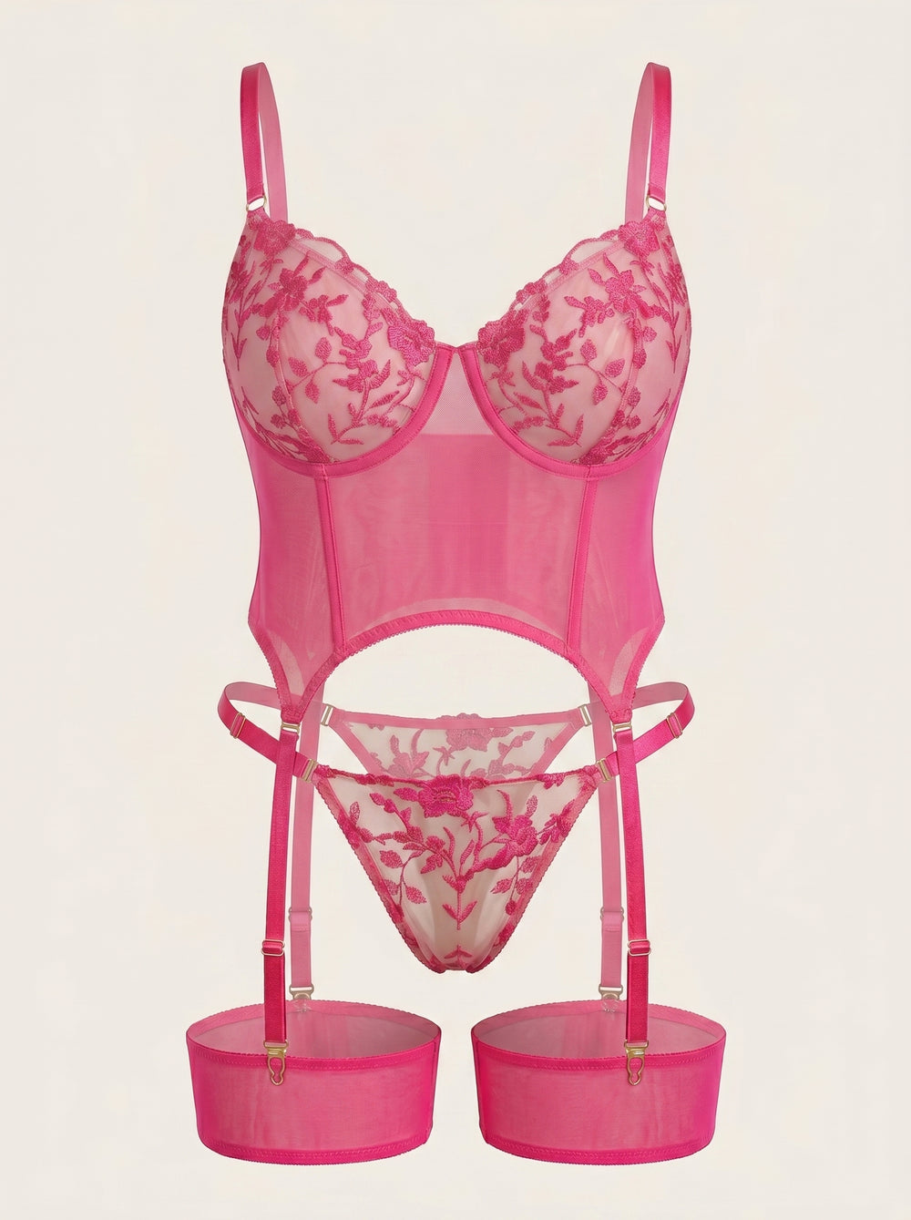 Floral Pink Embroidered Mesh Lingerie Set with Strappy Sheer Design