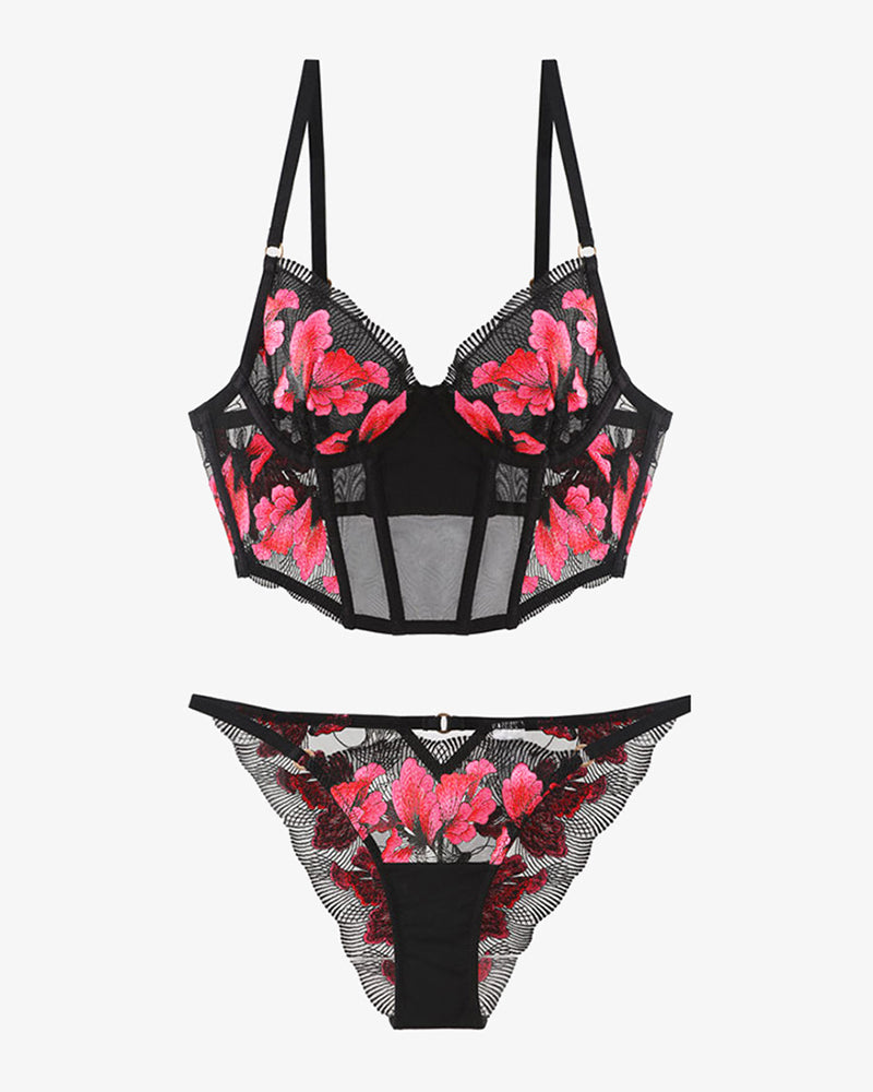 Floral Pink Embroidered Mesh Lingerie Set with Underwire-Corset-Bellascena-Red-S-bellascena
