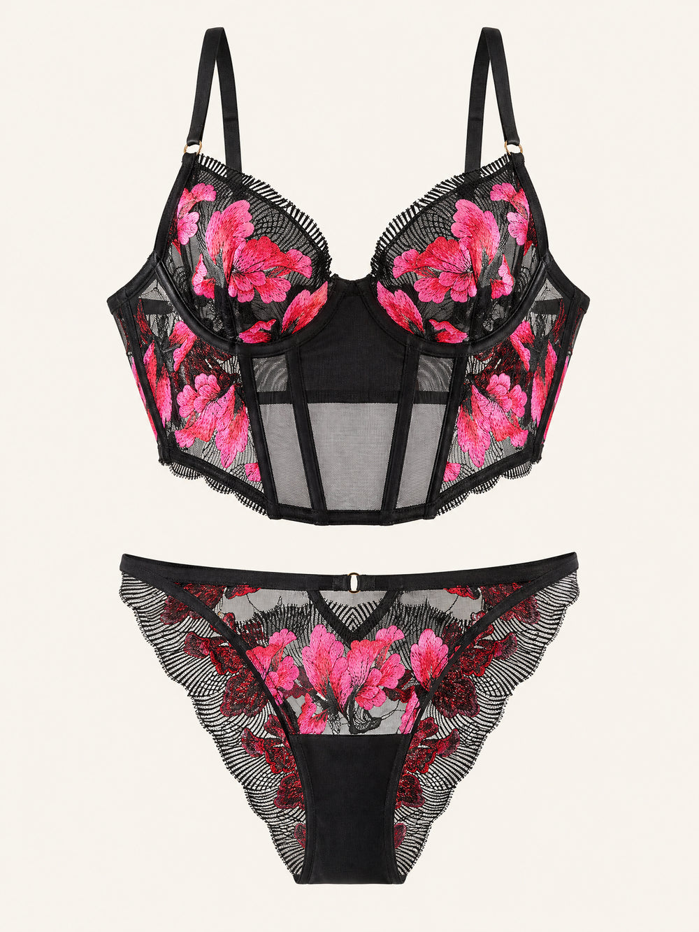 Floral Pink Embroidered Mesh Lingerie Set with Underwire