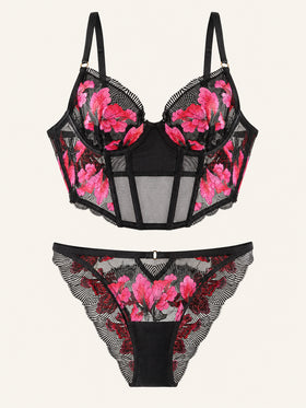 Floral Pink Embroidered Mesh Lingerie Set with Underwire-Corset-Bellascena-bellascena