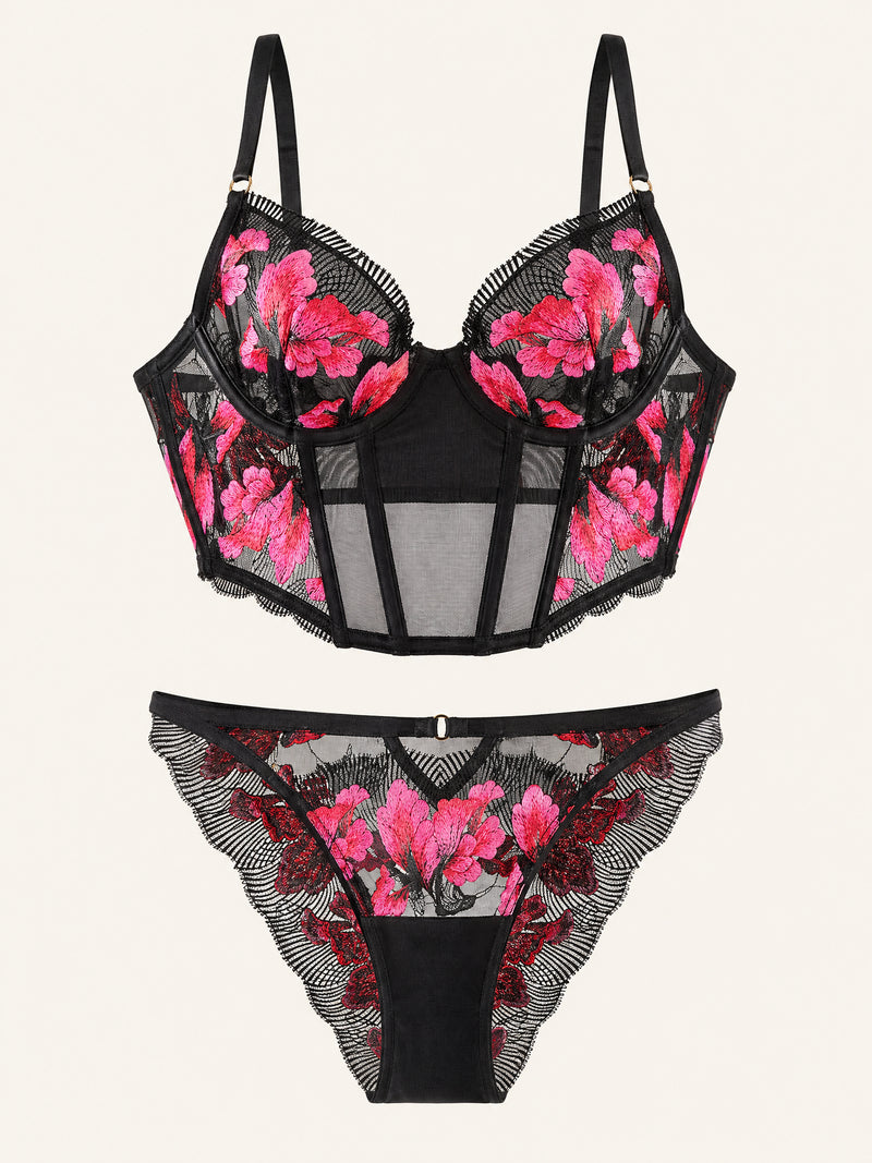 Floral Pink Embroidered Mesh Lingerie Set with Underwire