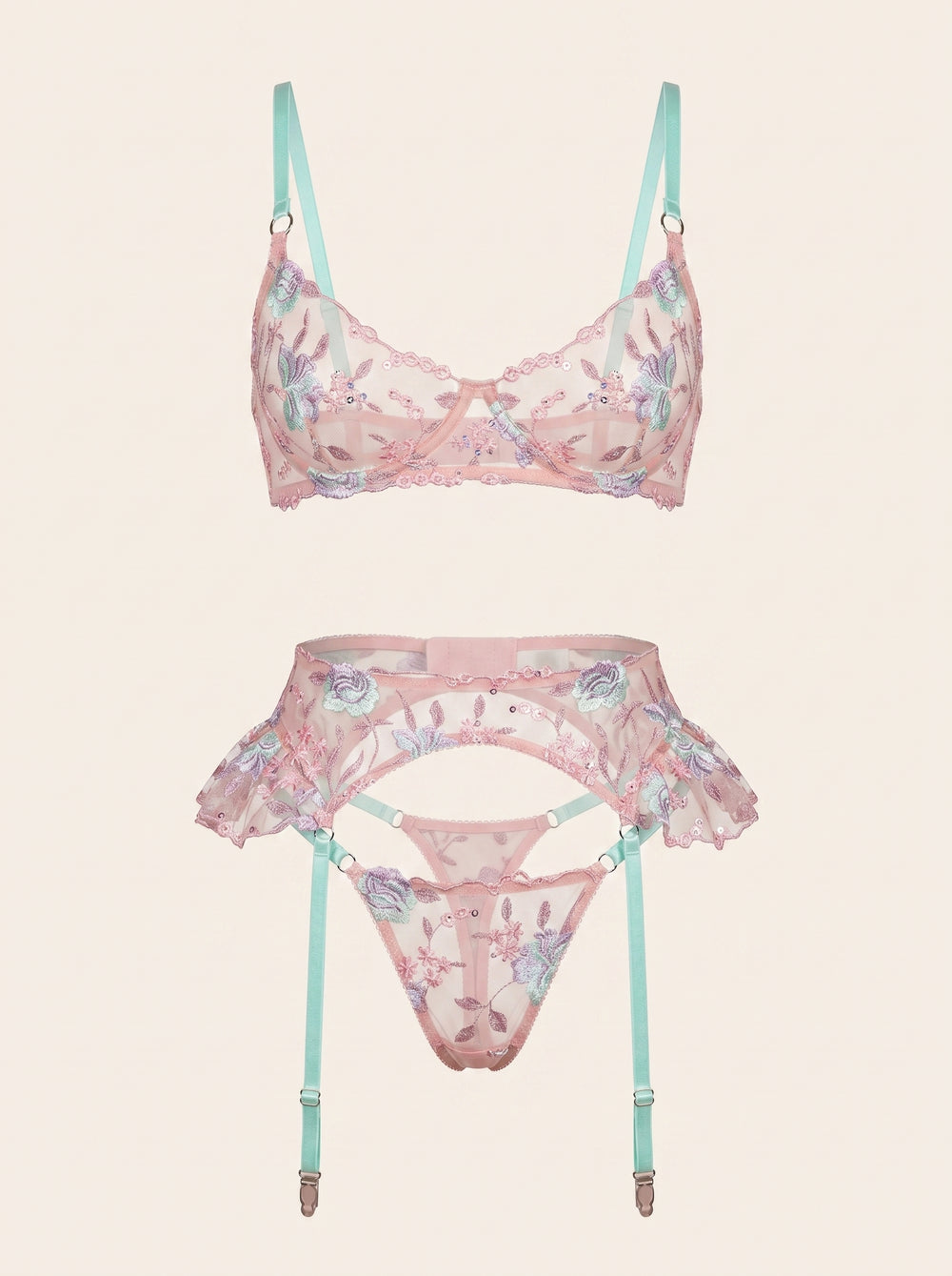 Completo di lingerie in mesh ricamato floreale rosa con dettagli con fasce