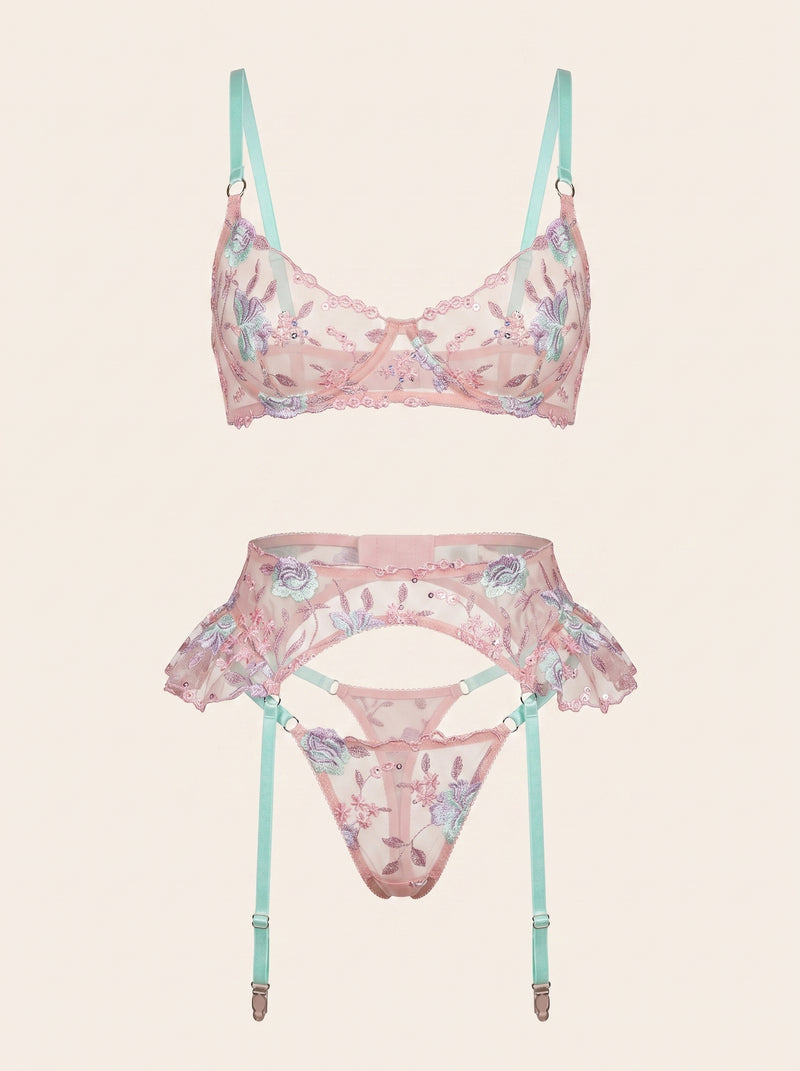 Floral Pink Embroidered Mesh Teddy with Strappy Detail