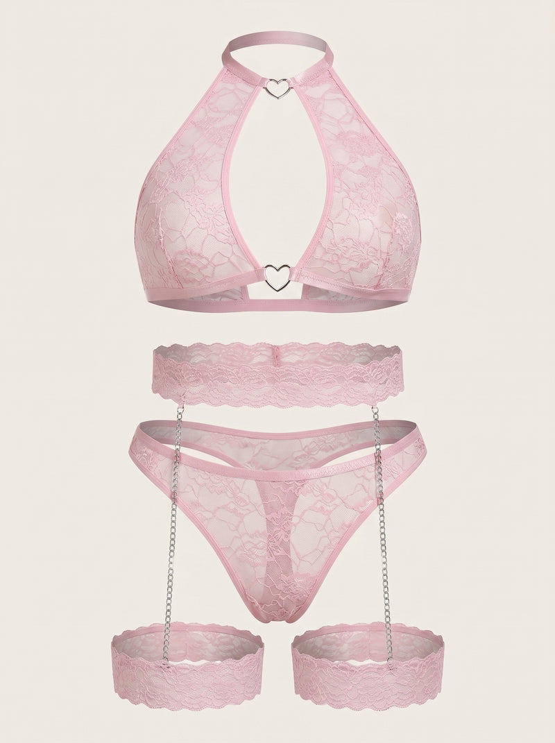 Set lingerie in pizzo rosa floreale con dettaglio a cuore