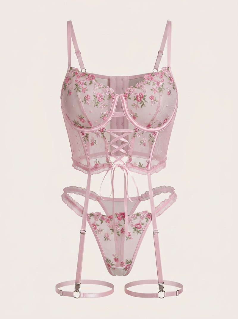 Floral Pink Lace Lingerie Set with Sheer Lace-Up Details