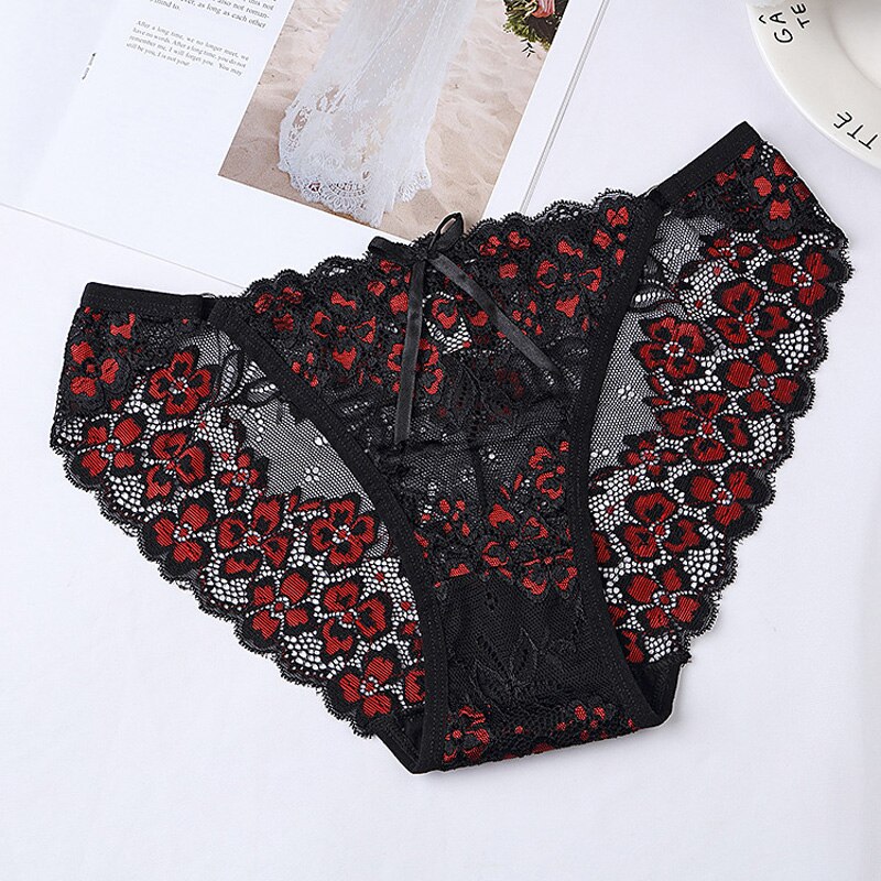 Floral Pink Lace Lingerie Set with Sheer Scalloped Edges-Panty-Bellascena-Black-Universal-bellascena