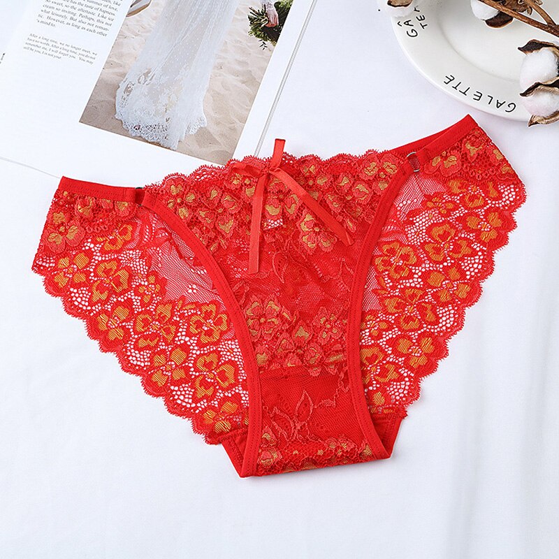 Floral Pink Lace Lingerie Set with Sheer Scalloped Edges-Panty-Bellascena-Red-Universal-bellascena