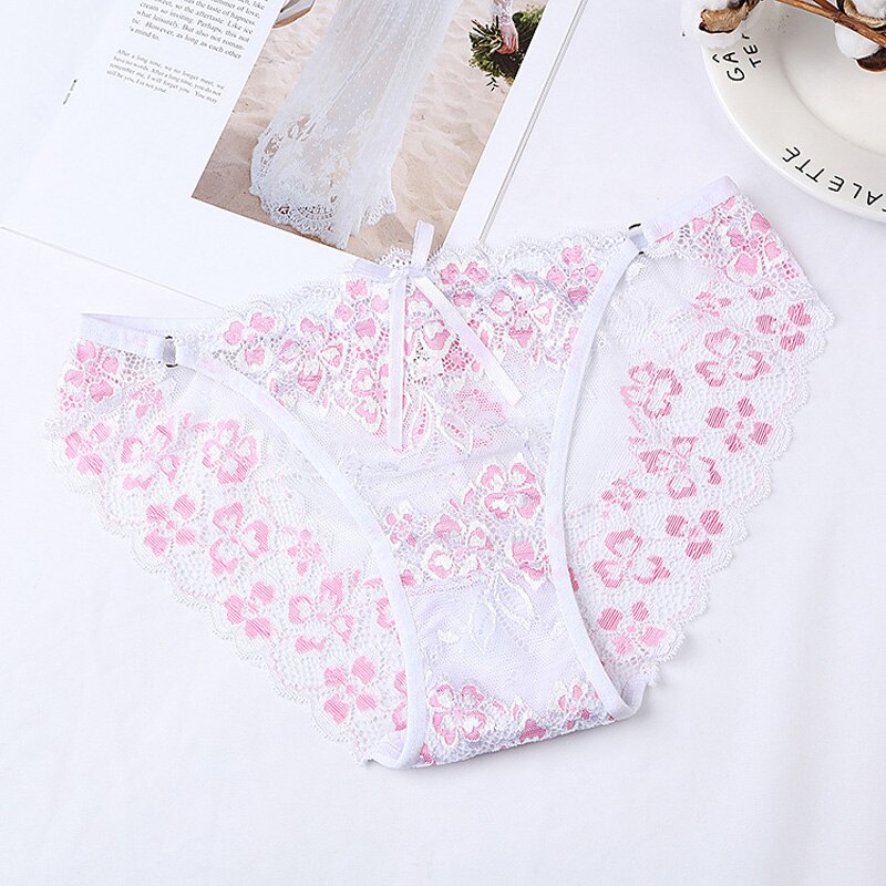 Floral Pink Lace Lingerie Set with Sheer Scalloped Edges-Panty-Bellascena-White-Universal-bellascena